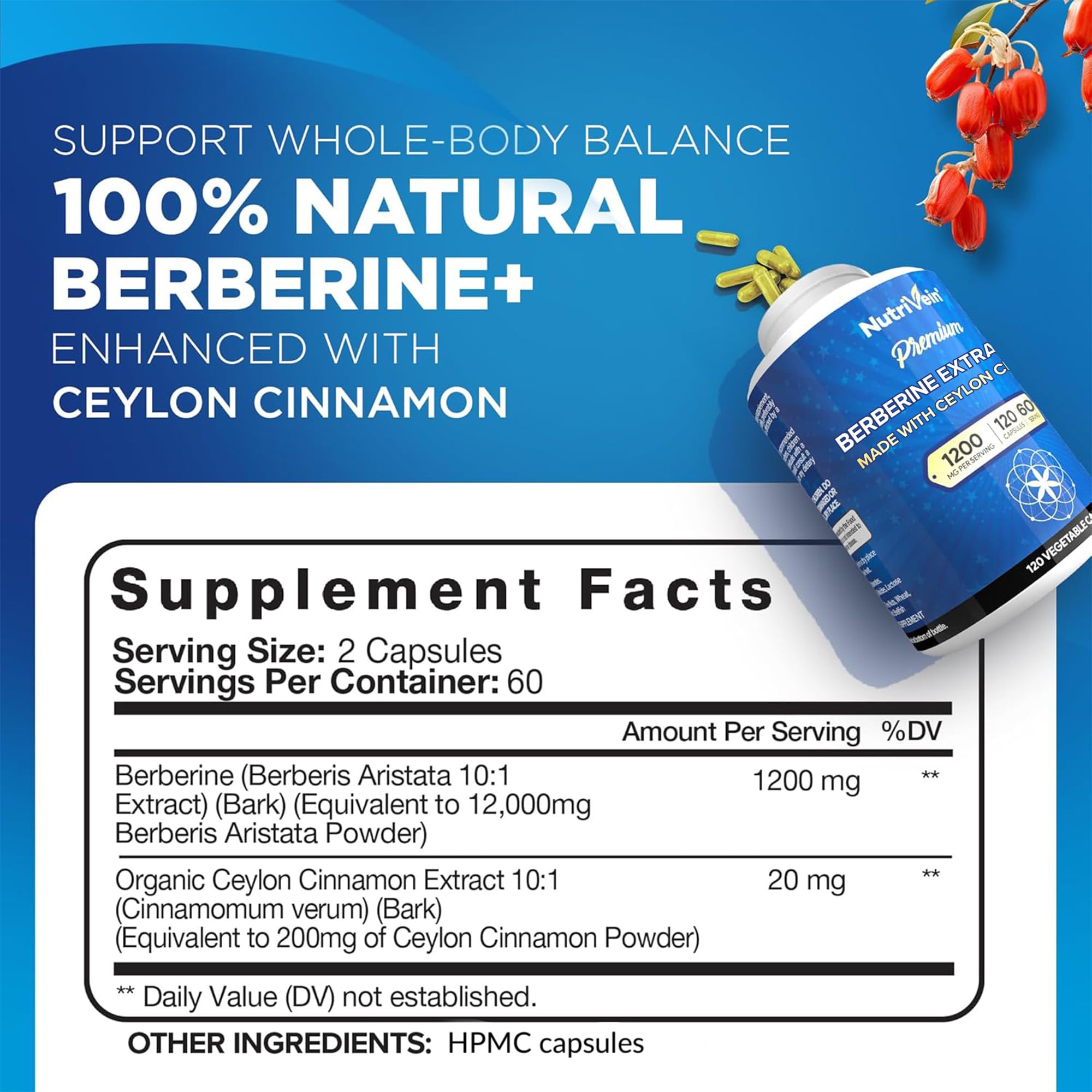 Nutrivein Berberine capsules: prise quotidienne facile intégrée à la routine.