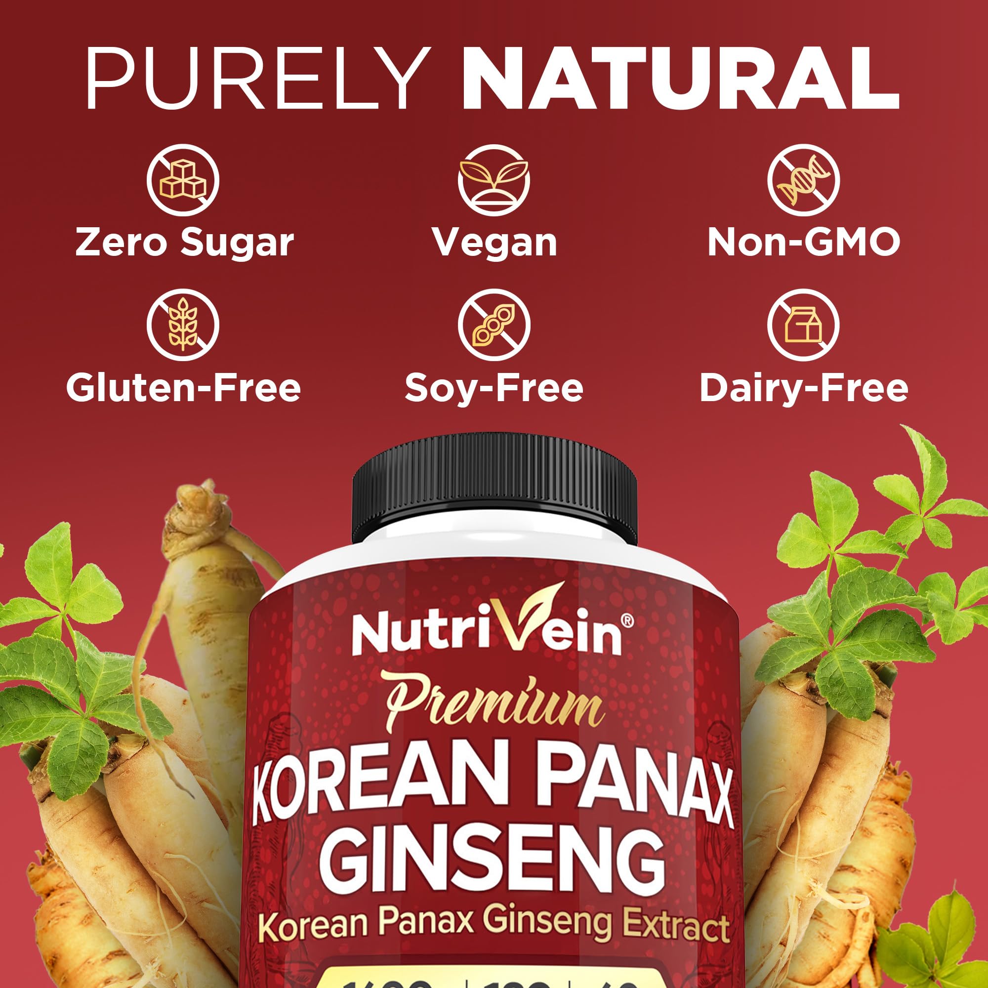 Étiquette Nutrivein Ginseng Panax Rouge – ingrédients vegan sans allergènes