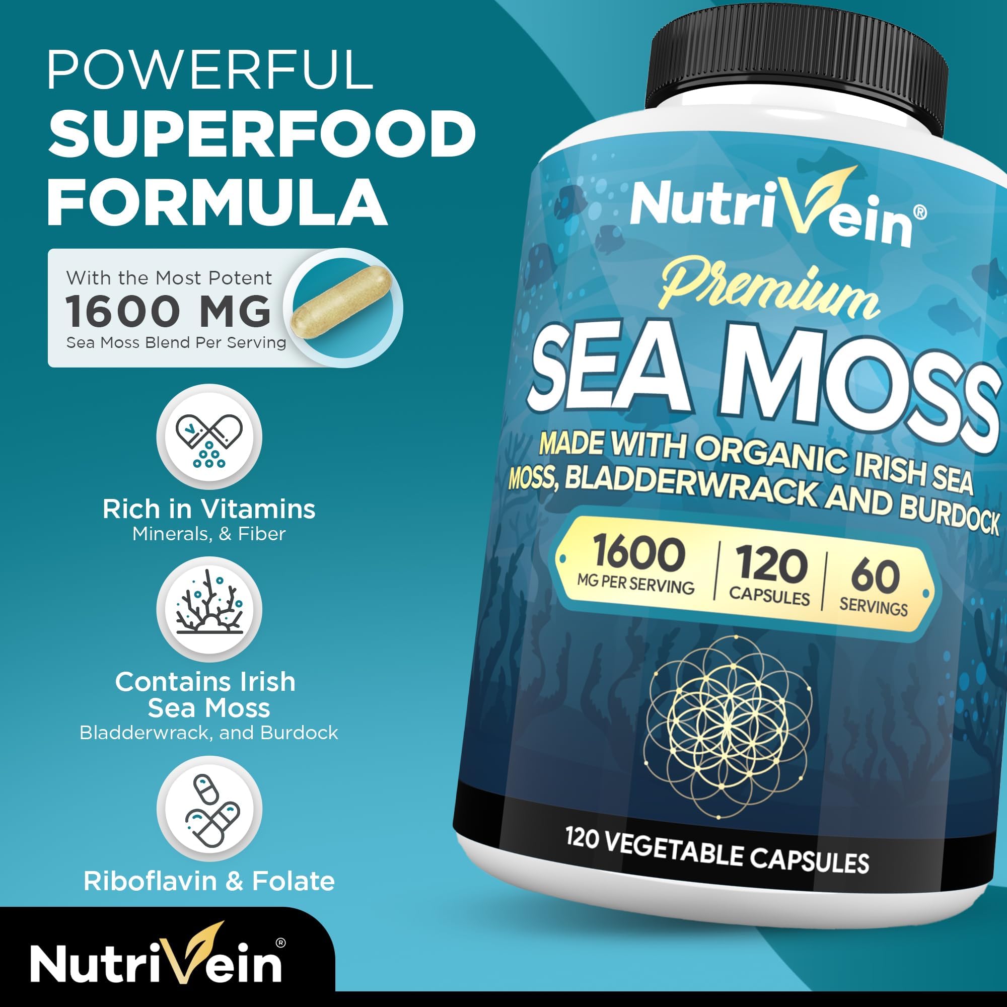 Nutrivein Mousse de Mer - capsules en gros plan, dosage quotidien pour le soutien digestif.