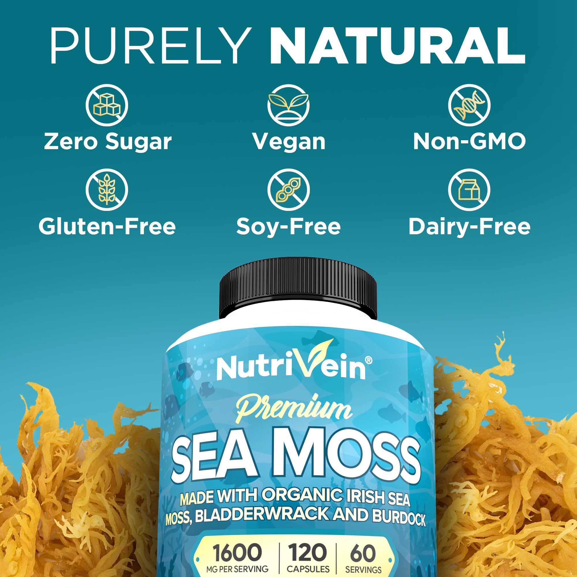 Nutrivein Mousse de Mer - emballage axé sur qualité vegan et normes CGMP.