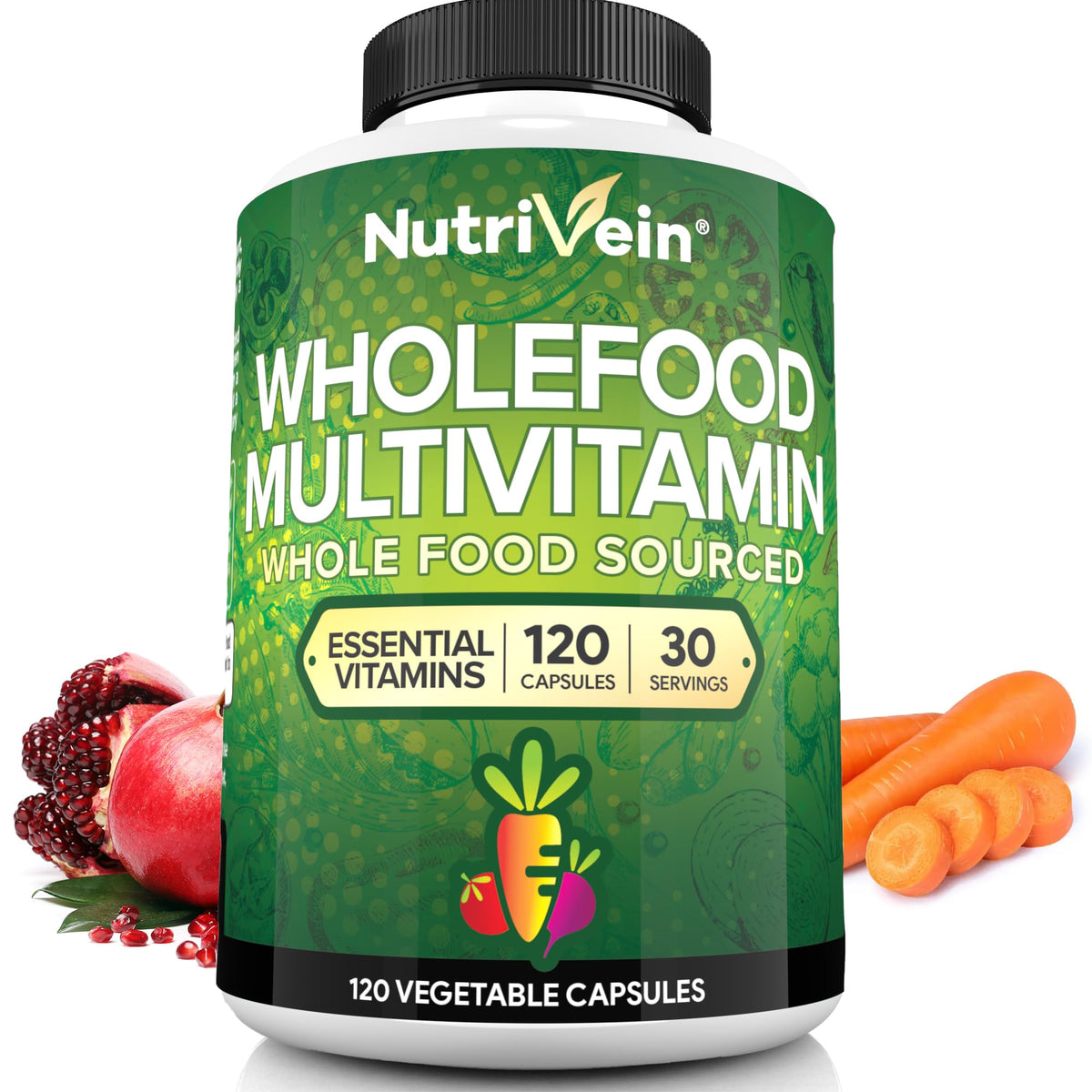 Nutrivein Multivitamines: bouteille ouverte avec gélules, énergie potentielle pour la journée