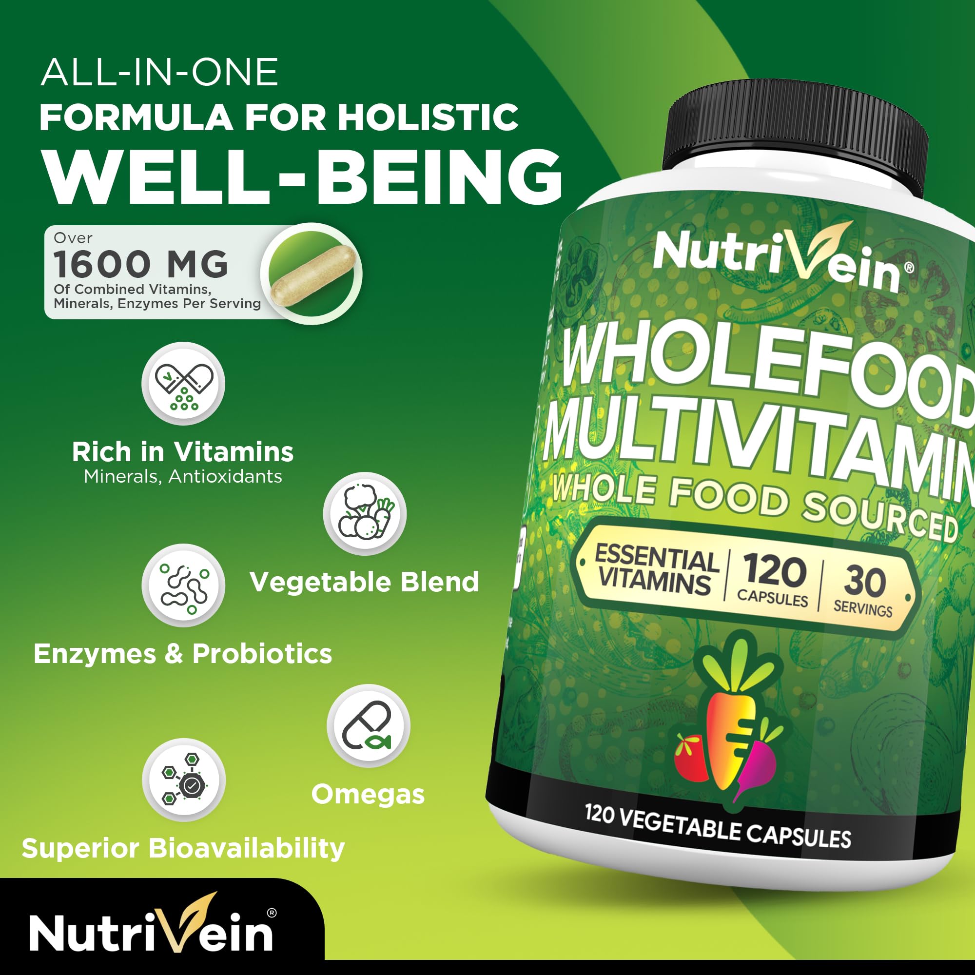 Nutrivein Multivitamines: mélange fruits et legumes entiers pour une absorption potentielle
