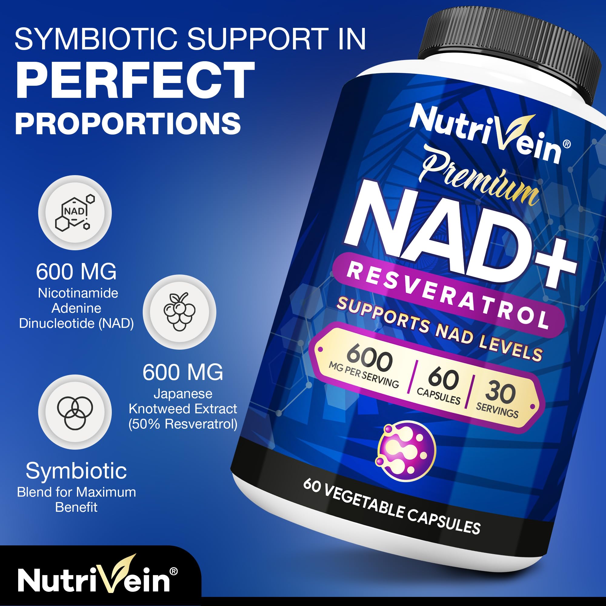 Nutrivein NAD Résveratrol – capsules faciles à prendre pour énergie cellulaire.