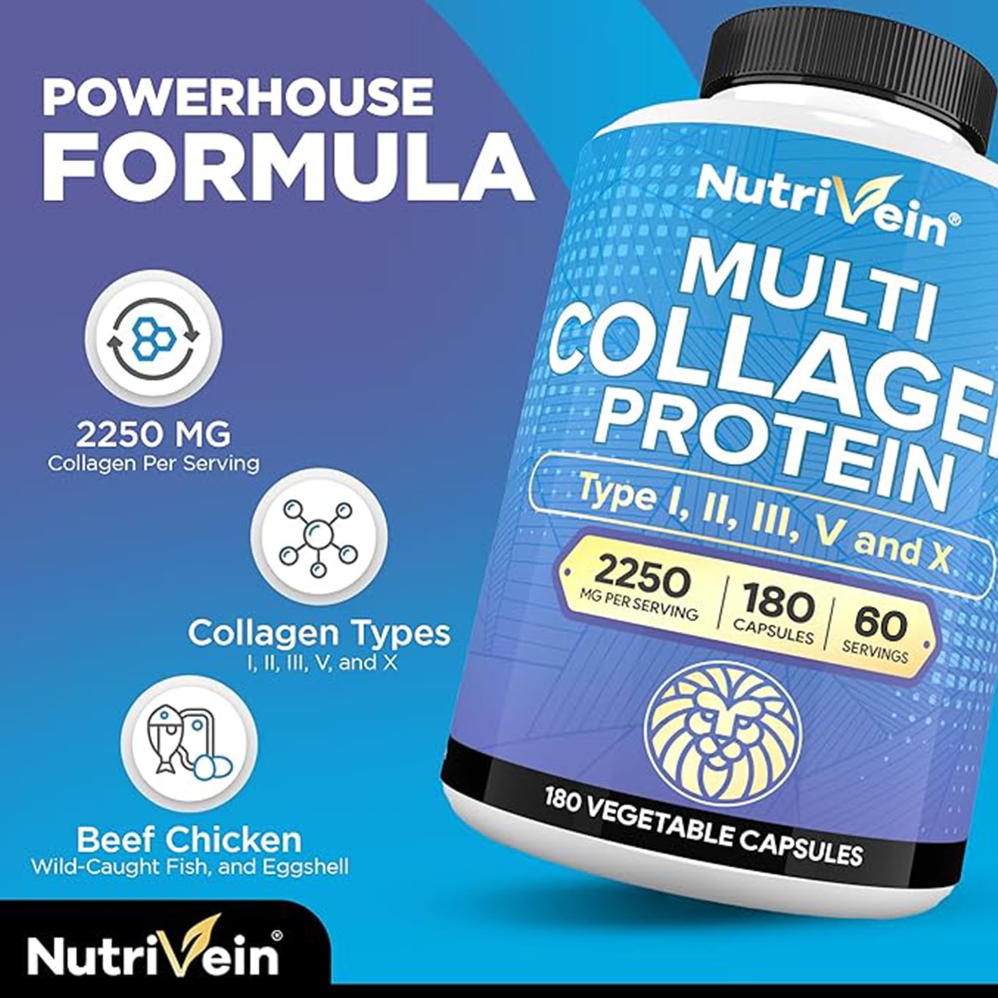 Nutrivein : sources collagène boeuf poulet poisson oeufs idéales pour la peau.