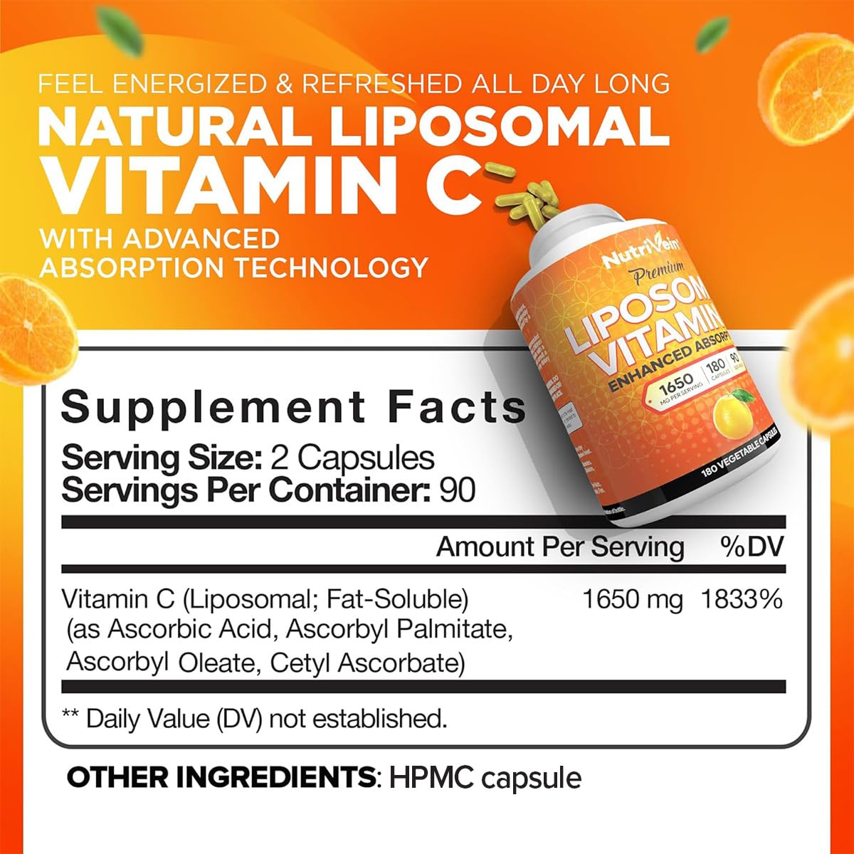 Nutrivein Liposomal Vitamin C, focus sur absorption élevée et confort digestif.