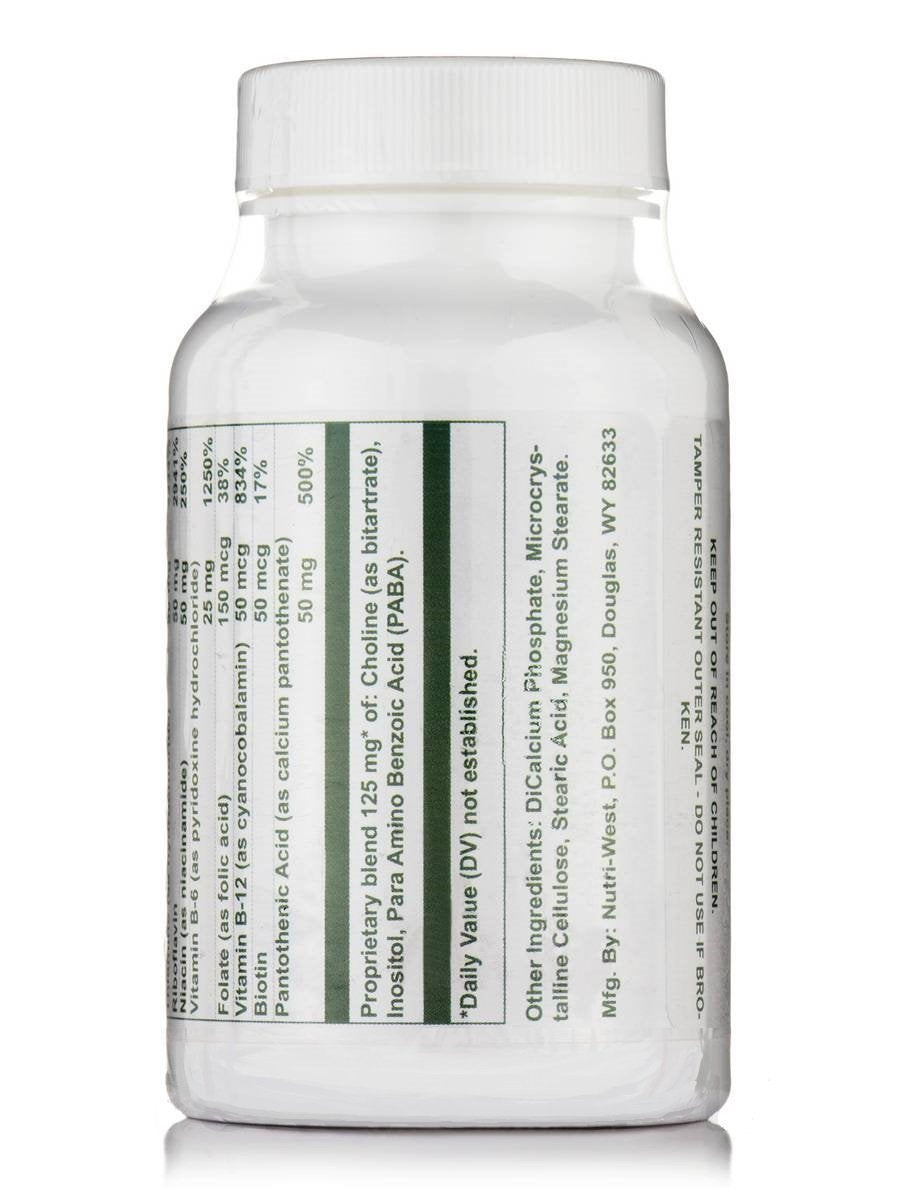 Nutri-West B-Complex, flacon de comprimés, soutient potentiellement le métabolisme des graisses.
