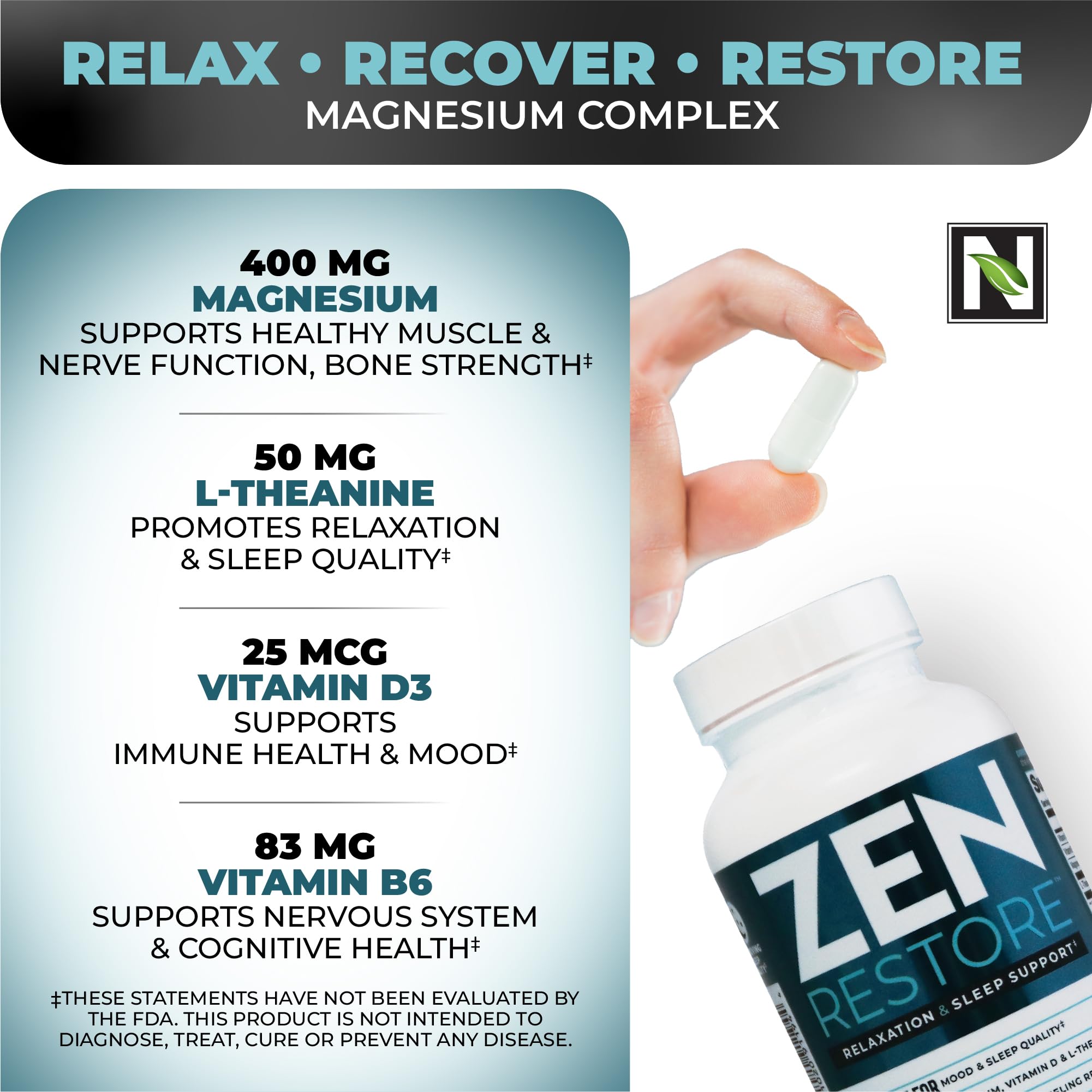 Nutrology Zen Restore vitamine D3 et L‑Théanine: soutien potentiel pour clarté et détente.