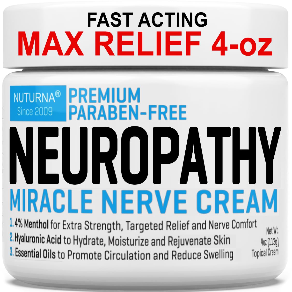 Nuturna Crème Neuropathie bouteille 4oz avec texture prête à l'emploi pour pieds et mains.