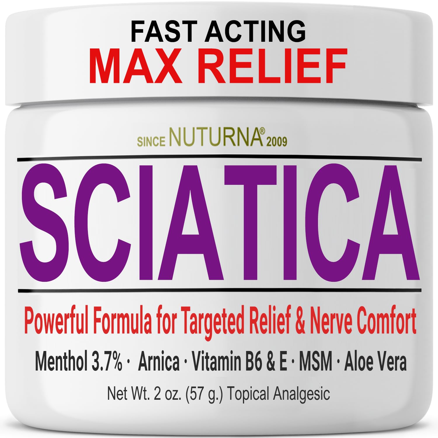 Nuturna Crème Sciatique, bouteille 2 onces, facilite le soulagement ciblé et durable.