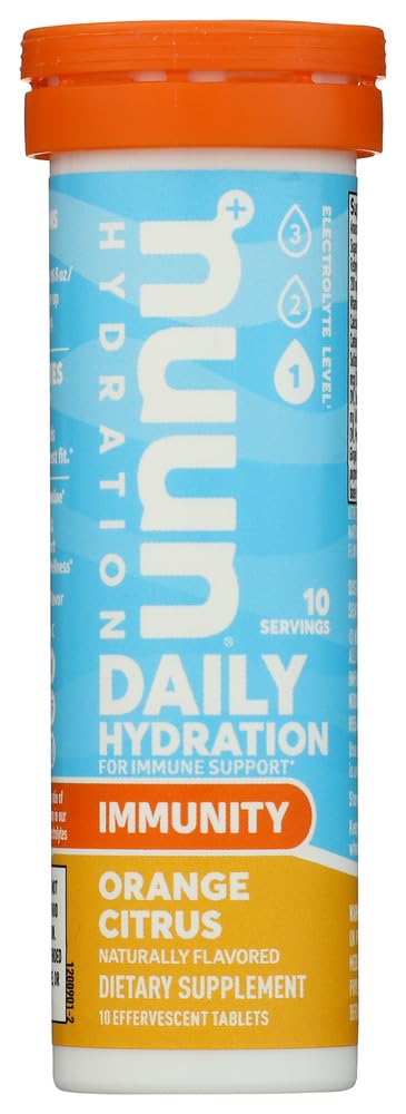 Nuun immunite orange-citron bouteille montrant le tube, hydratation pratique et rafraîchissante en déplacement.