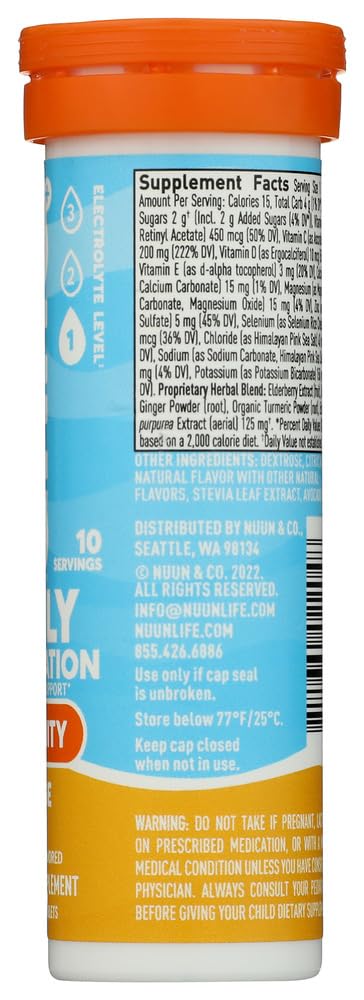 Nuun immunite orange-citron tablettes 10ct, dissolution rapide dans l'eau et goût agrume.