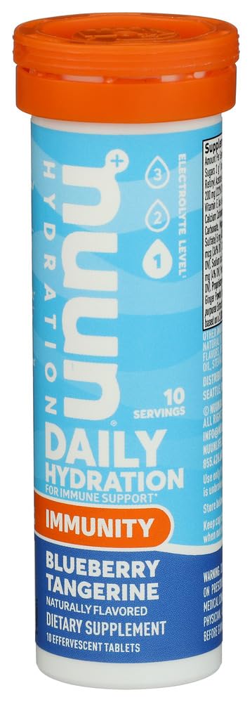 Préparation eau Nuun Immunity, parfum fruité myrtille mandarine pour une boisson revitalisante.