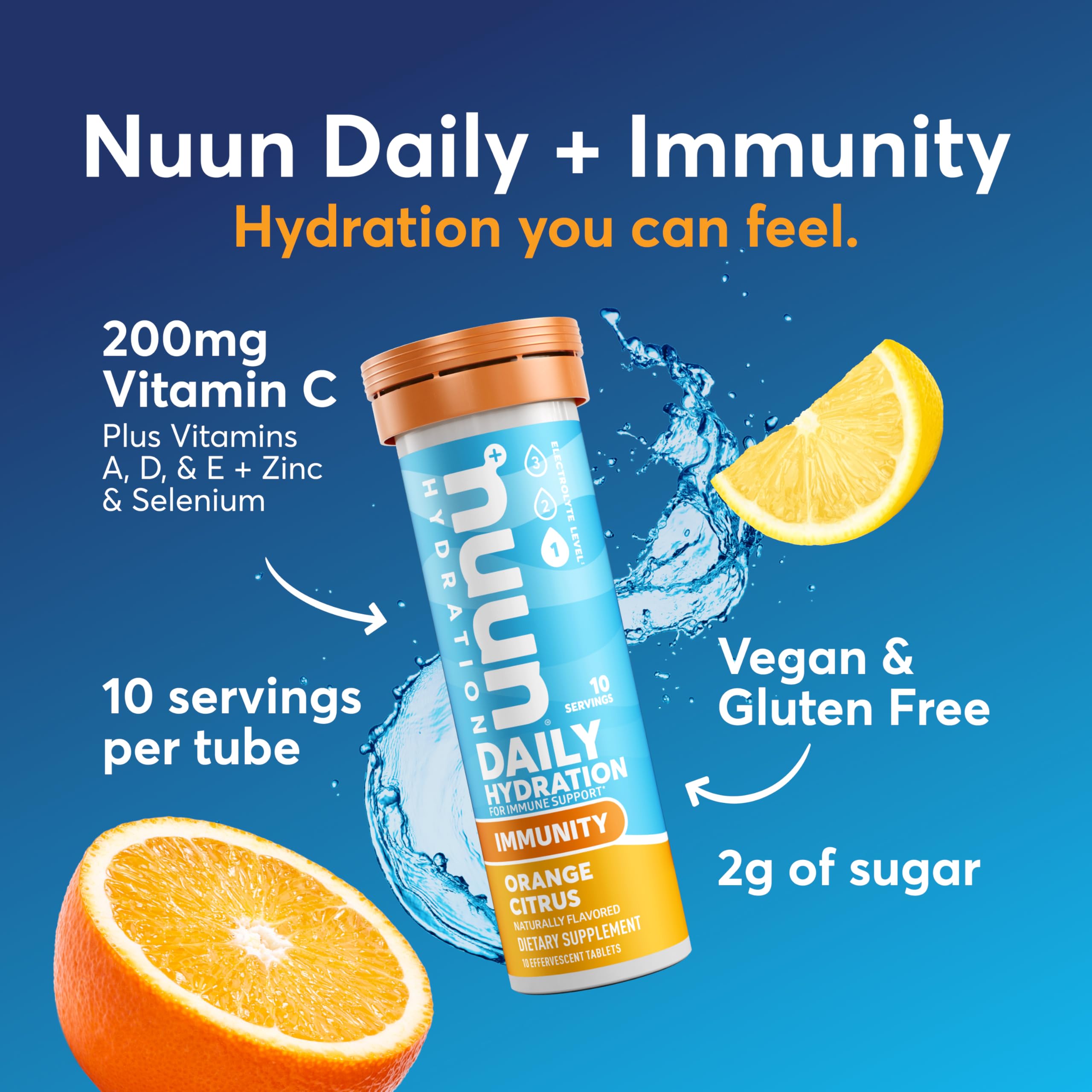 Pastilles Nuun immunité orange-citron – dissolution rapide dans l'eau.