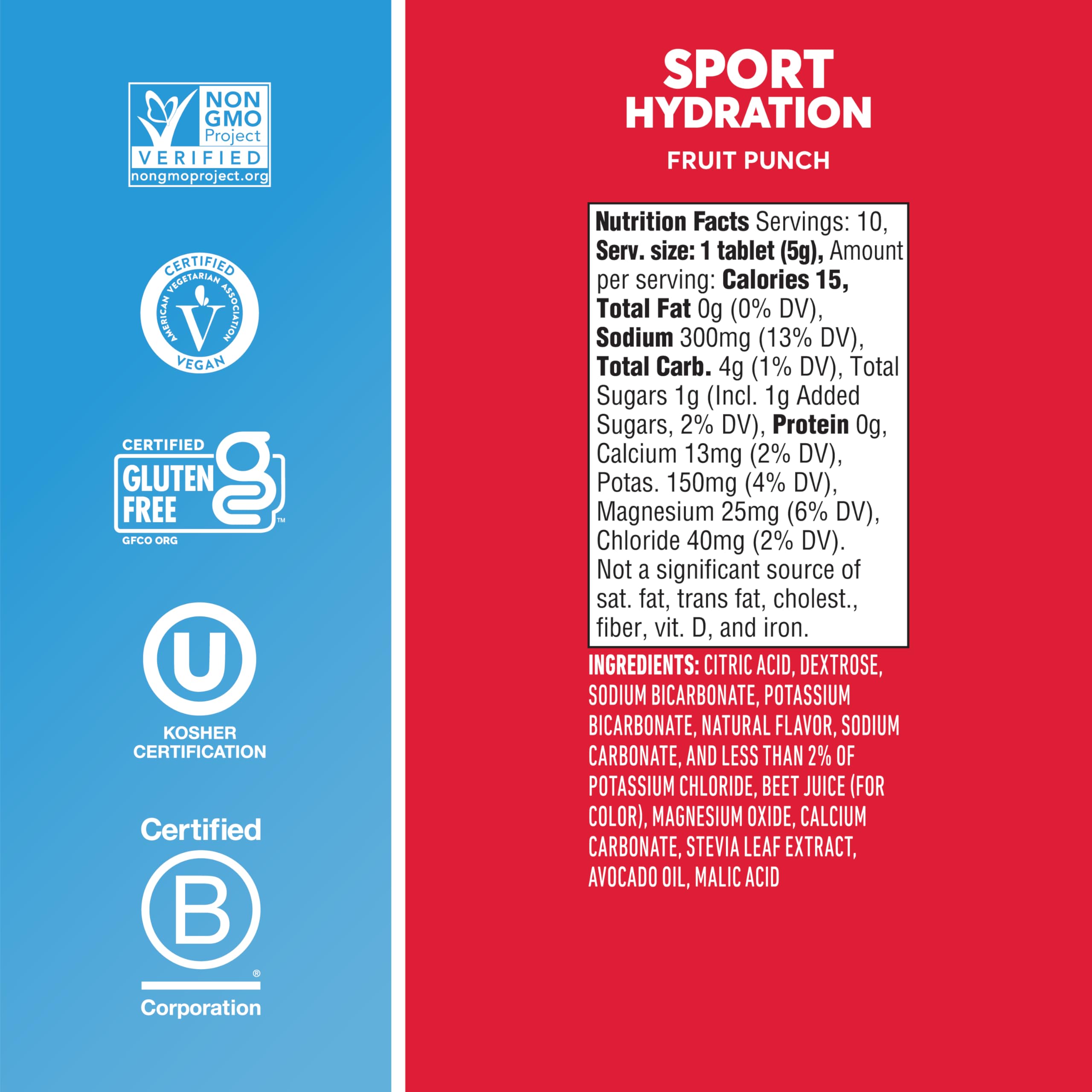 Nuun Sport Fruit Punch: formule végane sans gluten, édulcorée au stévia.