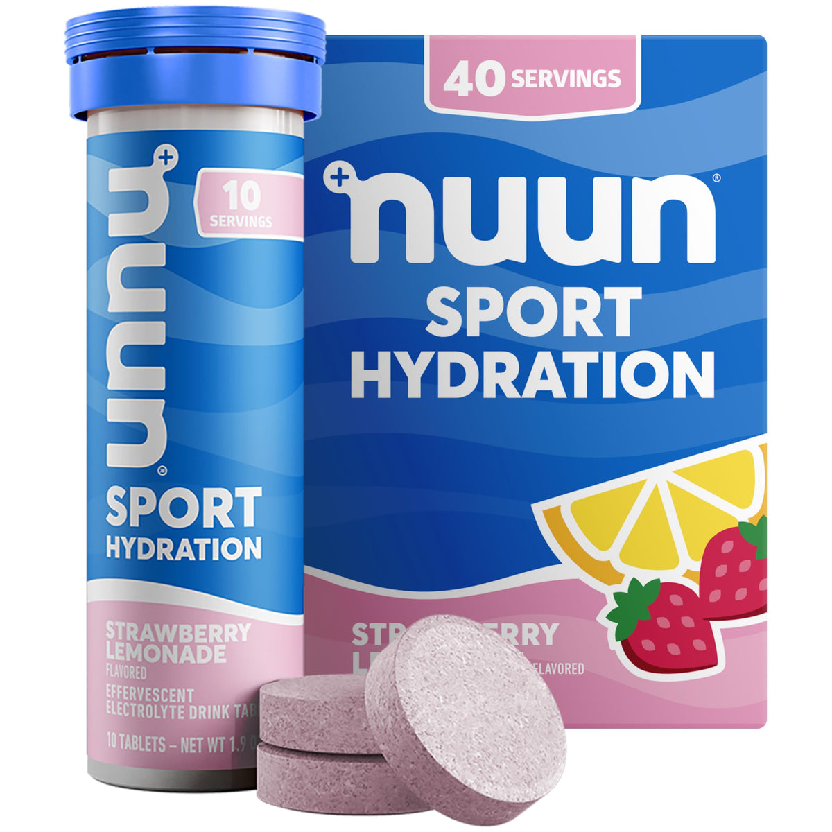 Nuun Sport Tablettes fraise-citronnade dans la boîte pour une hydratation pratique.