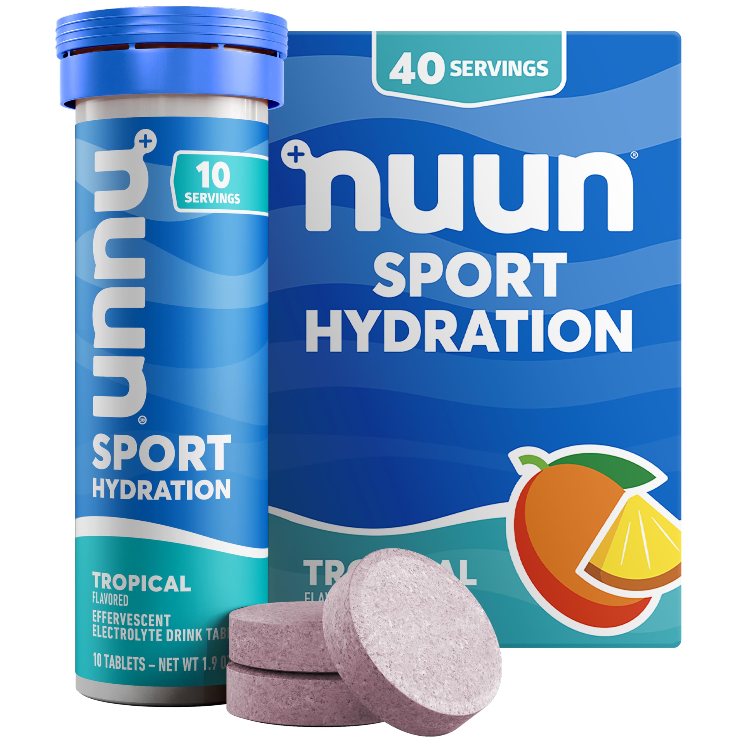 Nuun Sport — tablettes électrolytes tropical, boîte pratique en déplacement, sans arômes artificiels.