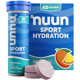 Nuun Sport — tablettes électrolytes tropical, boîte pratique en déplacement, sans arômes artificiels.
