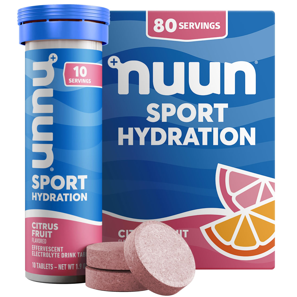 Nuun tablettes électrolyte citron-fruit se dissolvant rapidement dans l’eau pour une hydratation rafraîchissante.