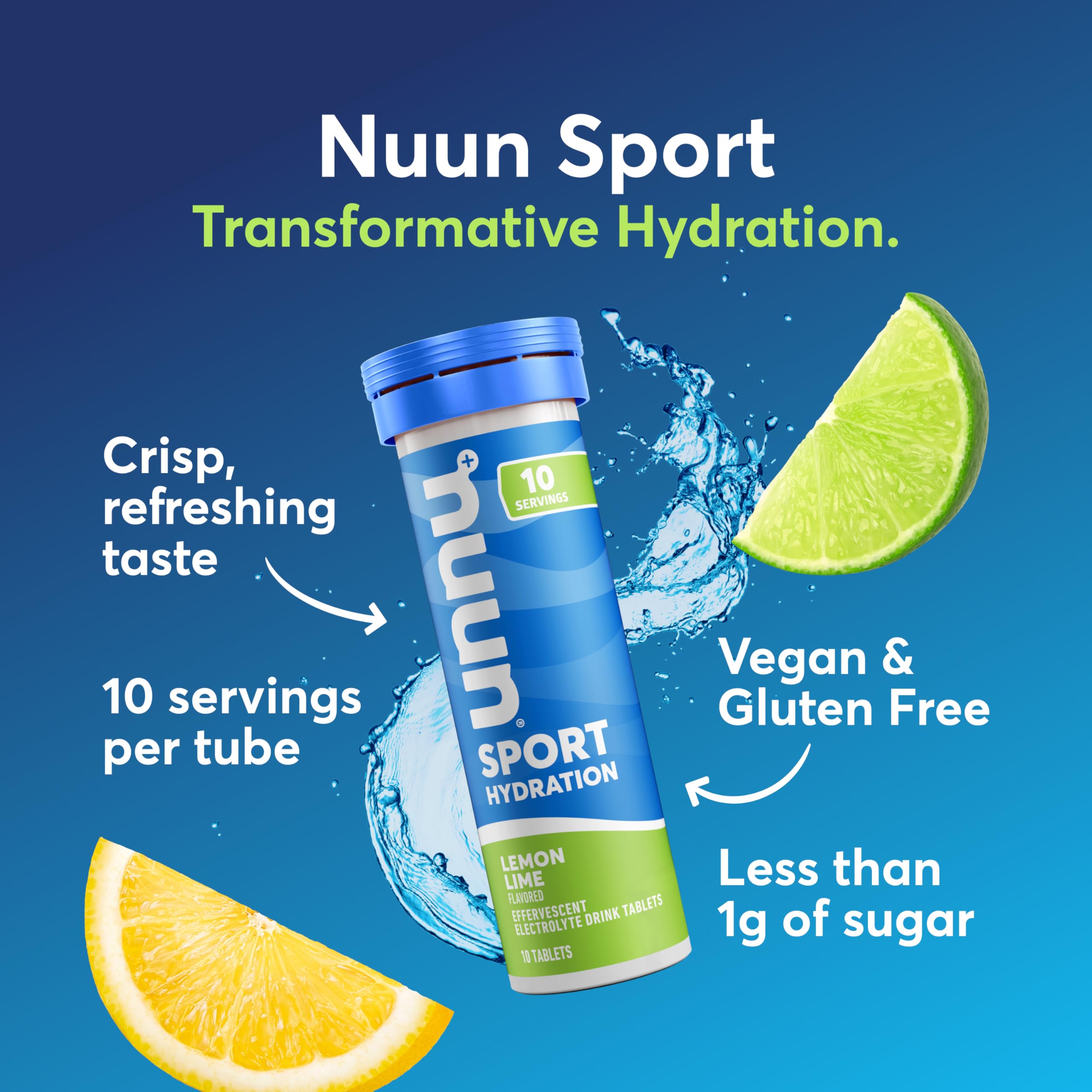 Tablettes Nuun citron-lime en dissolution dans l'eau, apport d'électrolytes rapide.