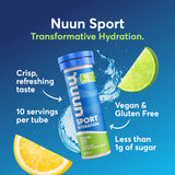 Tablettes Nuun citron-lime en dissolution dans l'eau, apport d'électrolytes rapide.