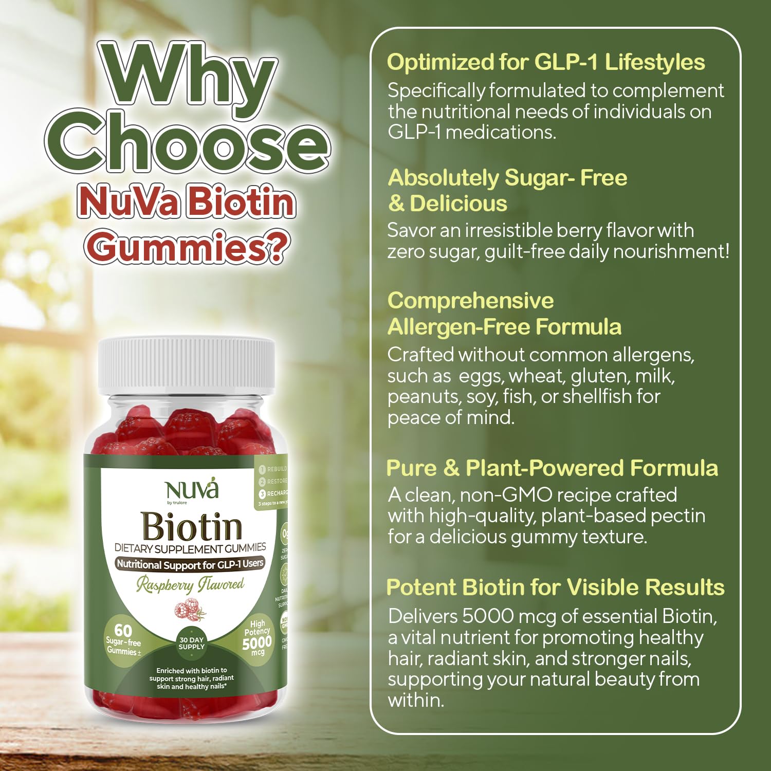 Gommes NuVa Biotin, arôme framboise naturel.