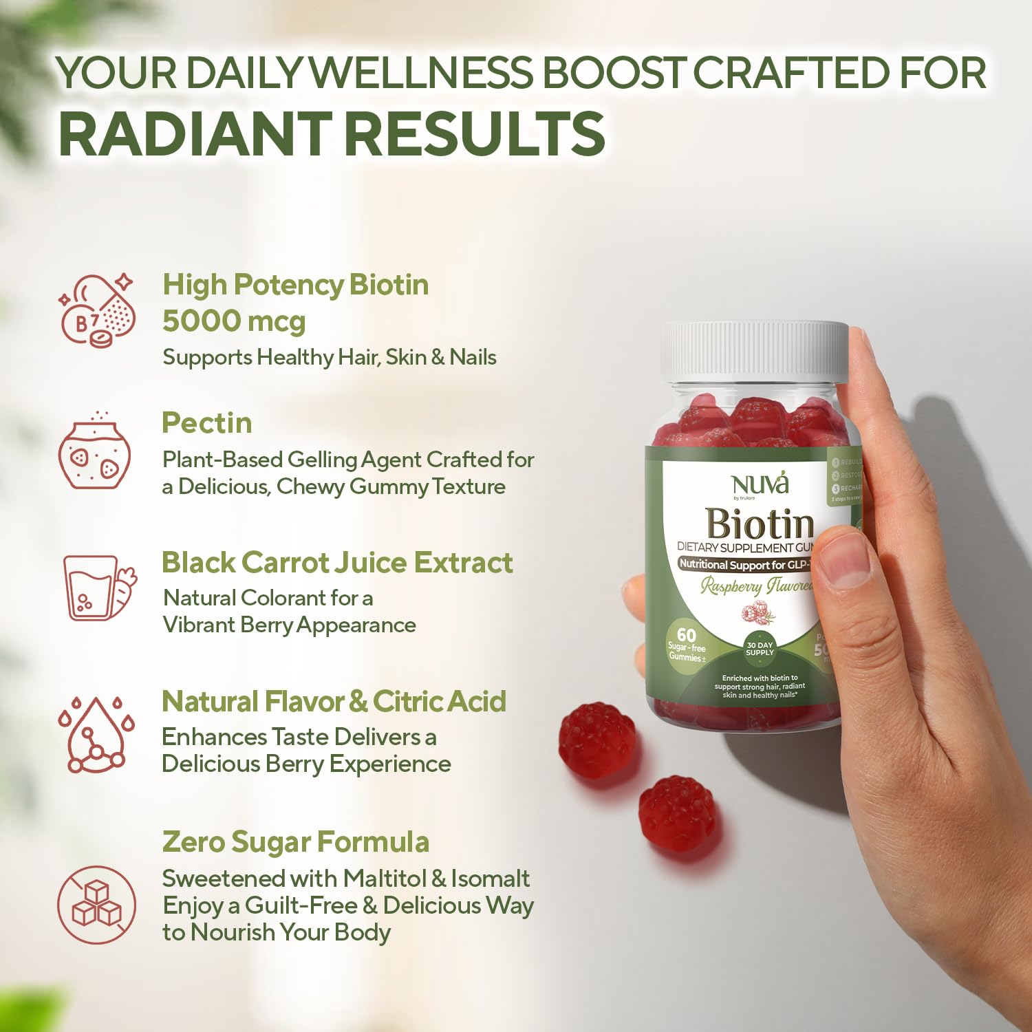NuVa Biotin Gummies dose 5000 mcg, pour cheveux et ongles.