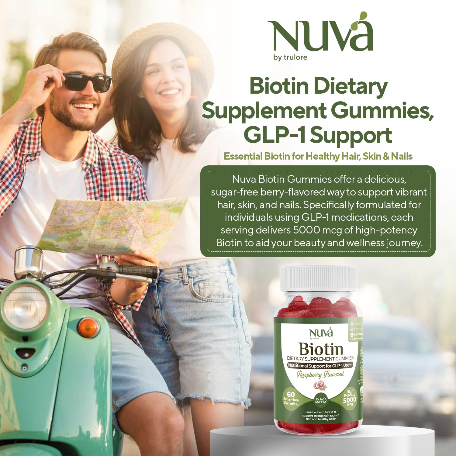 Gros plan sur NuVa Biotin Gummies, complément vegan pour cheveux et peau.