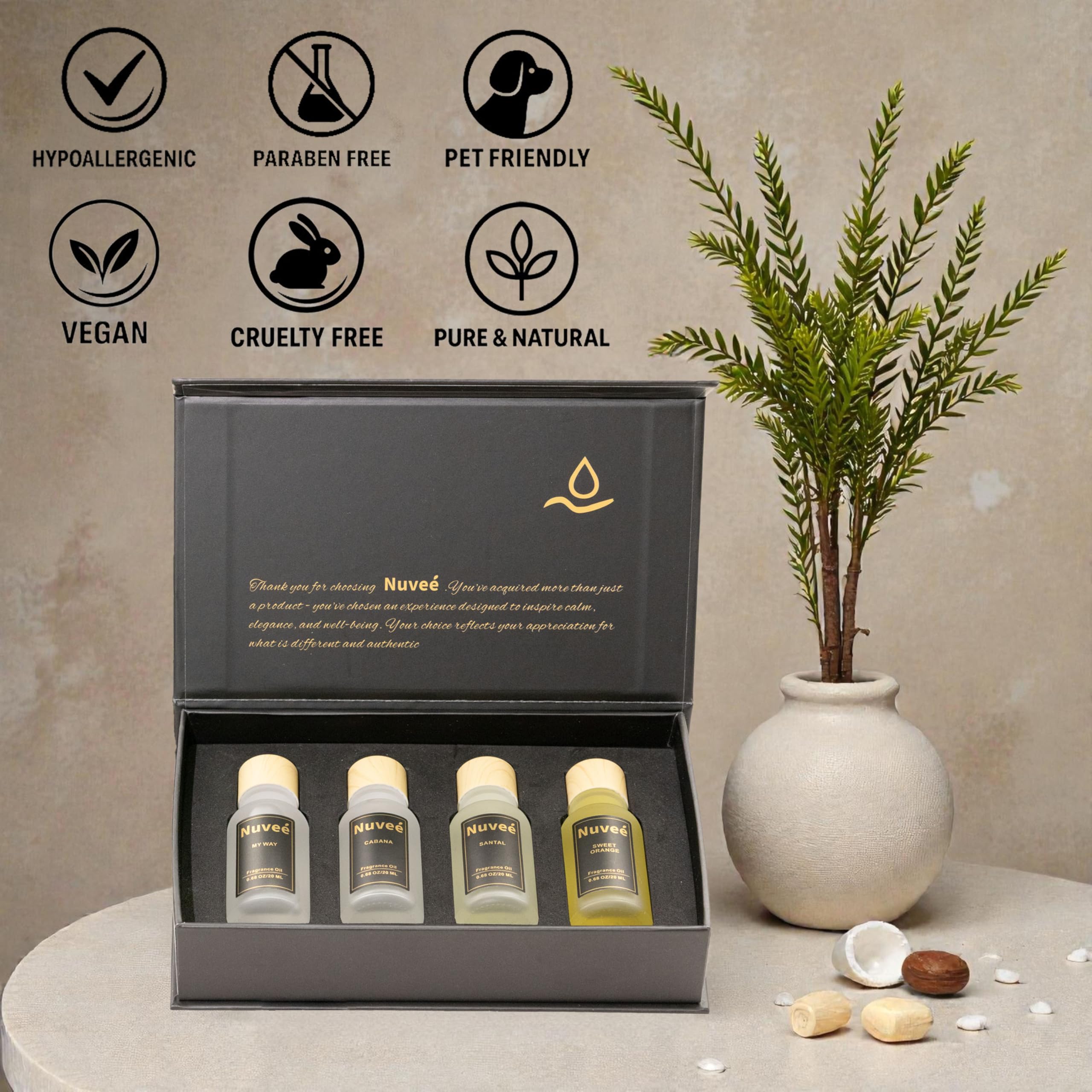 Nuveé boîte cadeau huiles essentielles 20 ml: idée cadeau raffinée prête à offrir.