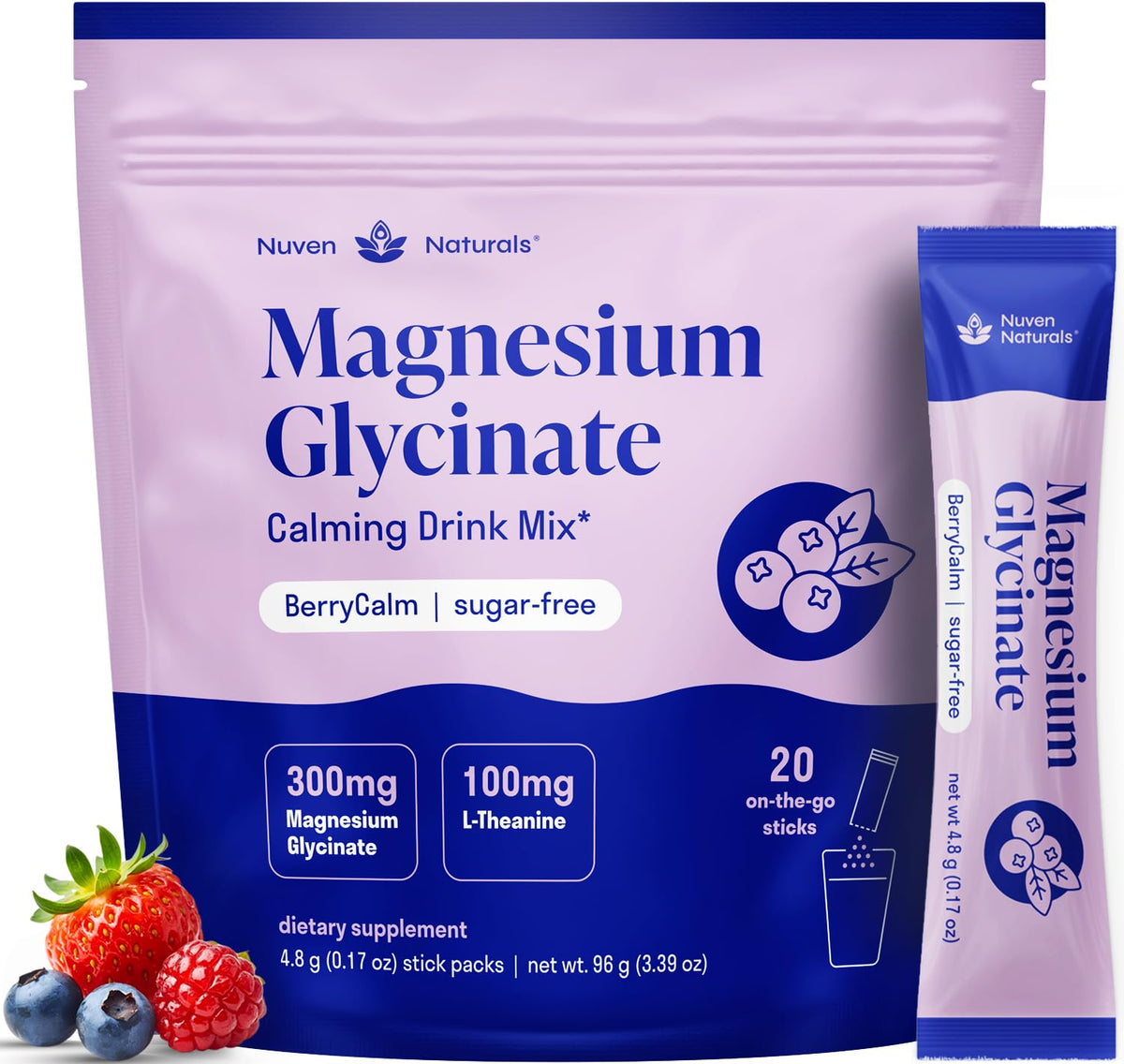 Nuven Naturals Magnesium Glycinate L-Theanine en bouteille, bleu et framboise, soutien potentiel au sommeil.