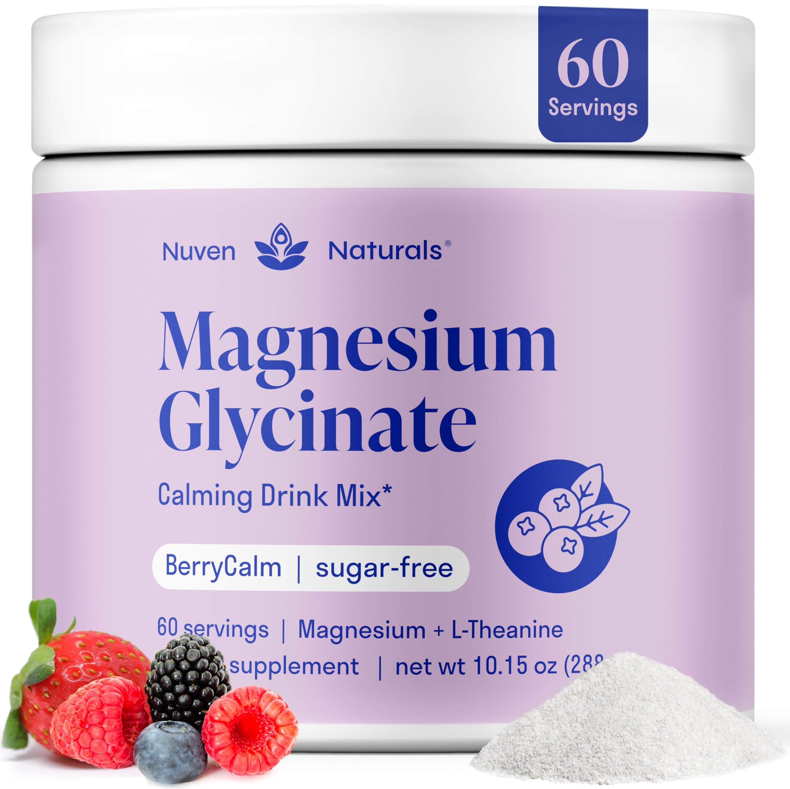 Nuven Naturals Magnésium Glycinate: bouteille montrant le format poudre pour relaxation potentielle.