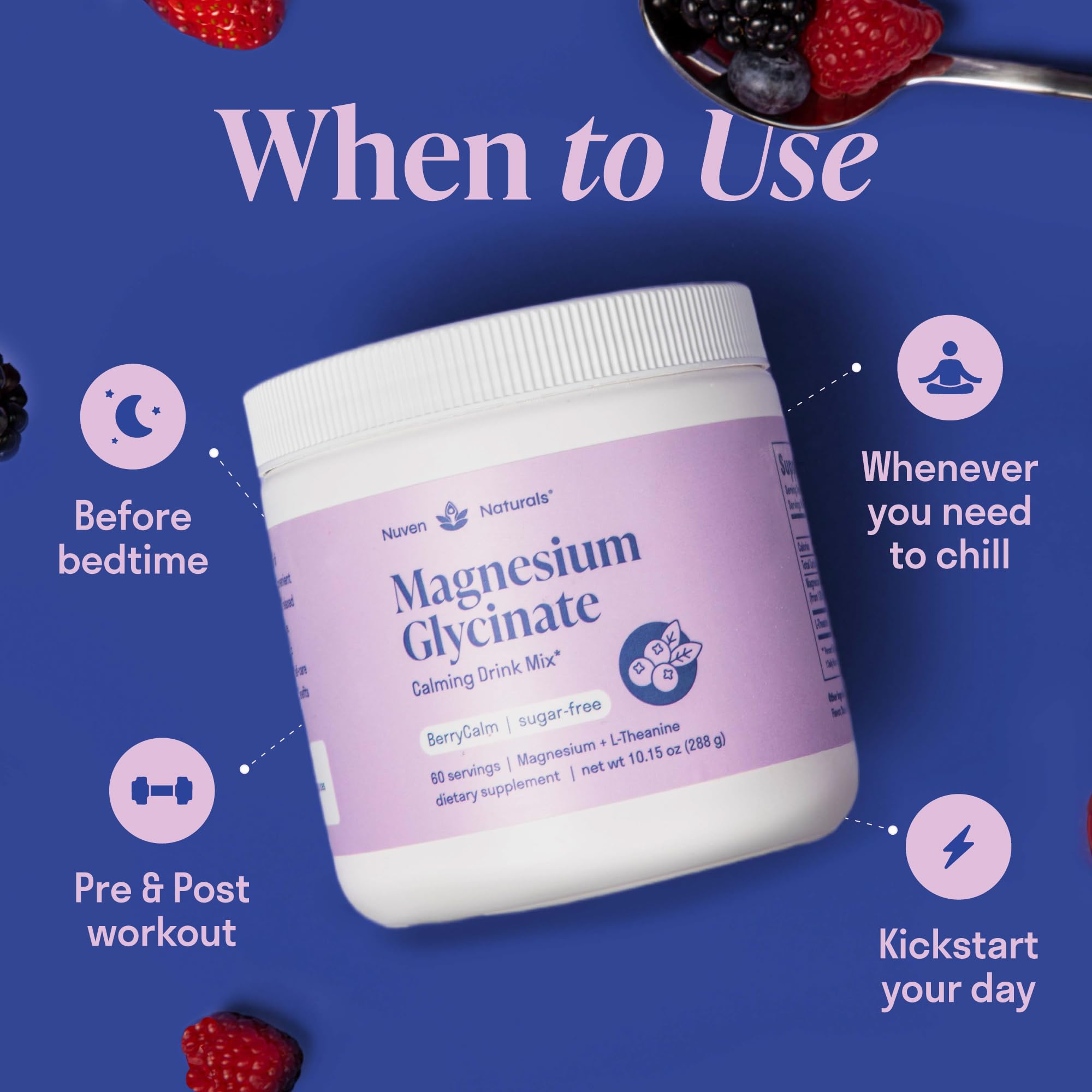 Nuven Naturals Magnésium Glycinate: sans sucre, option légère pour le soir.