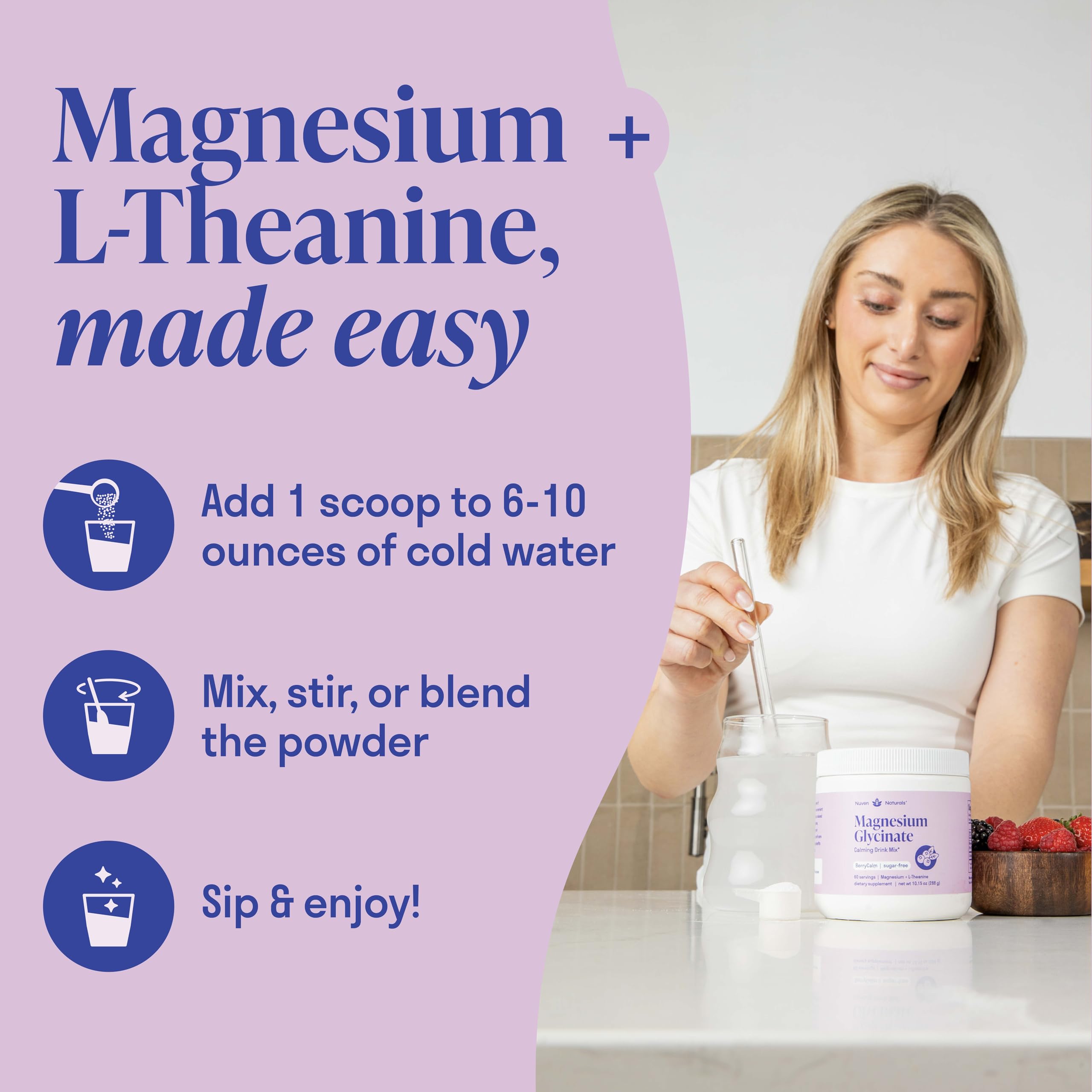 Nuven Naturals Magnésium Glycinate: produit vegan et organique, sans ingrédients artificiels.
