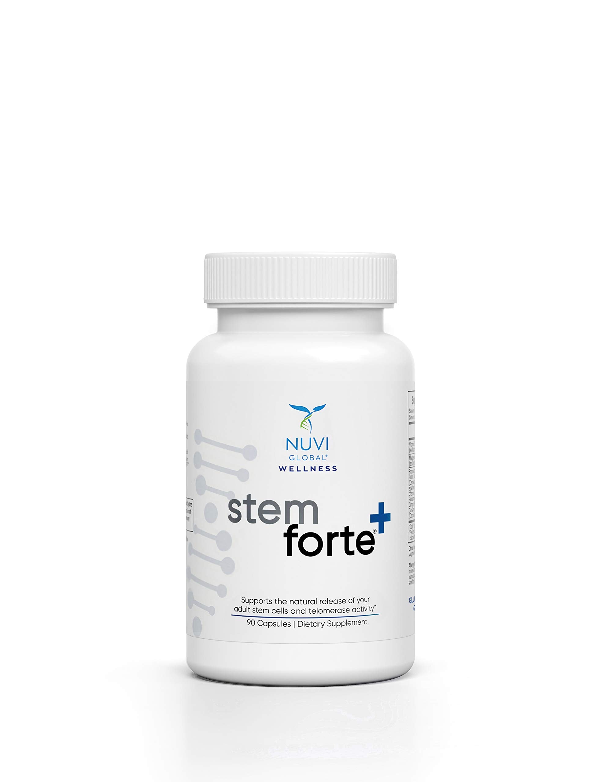 NuVi Global Stemforte Plus, bouteille et capsules, soutien potentiel à la régénération cellulaire.