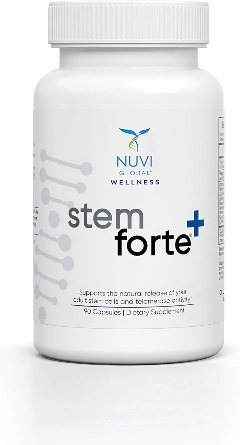 NuVi Global Stemforte Plus, ingrédients naturels visibles comme Astragalus et algues marines.