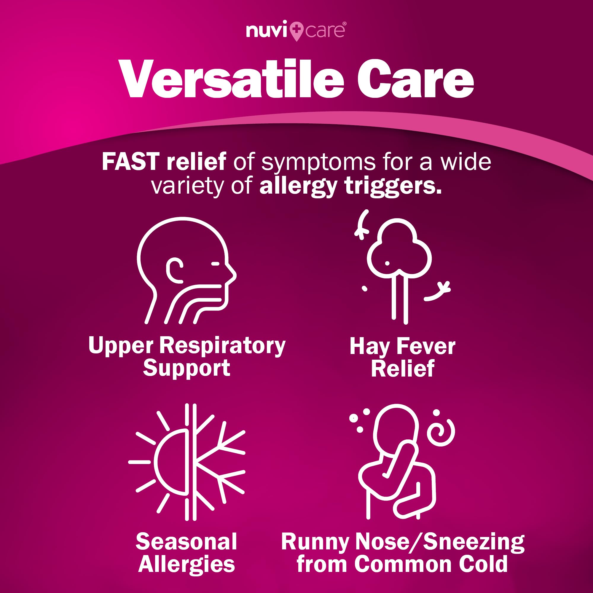 NUVICARE – bouteille pratique de comprimés allergie en format rose.