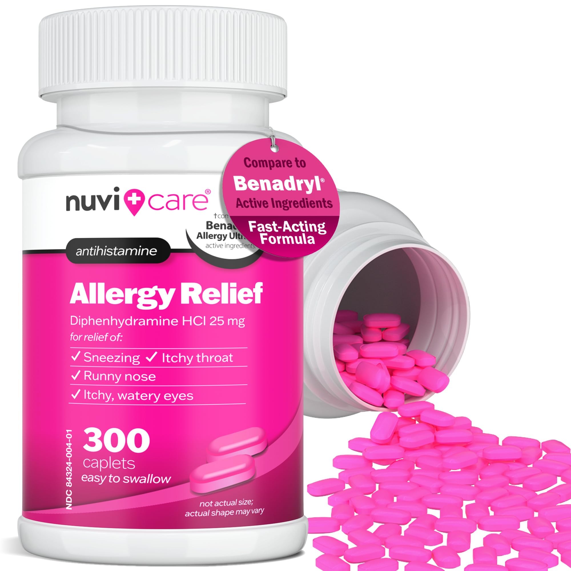 NUVICARE – comprimés roses, diphénhydramine 25 mg pour le soulagement.