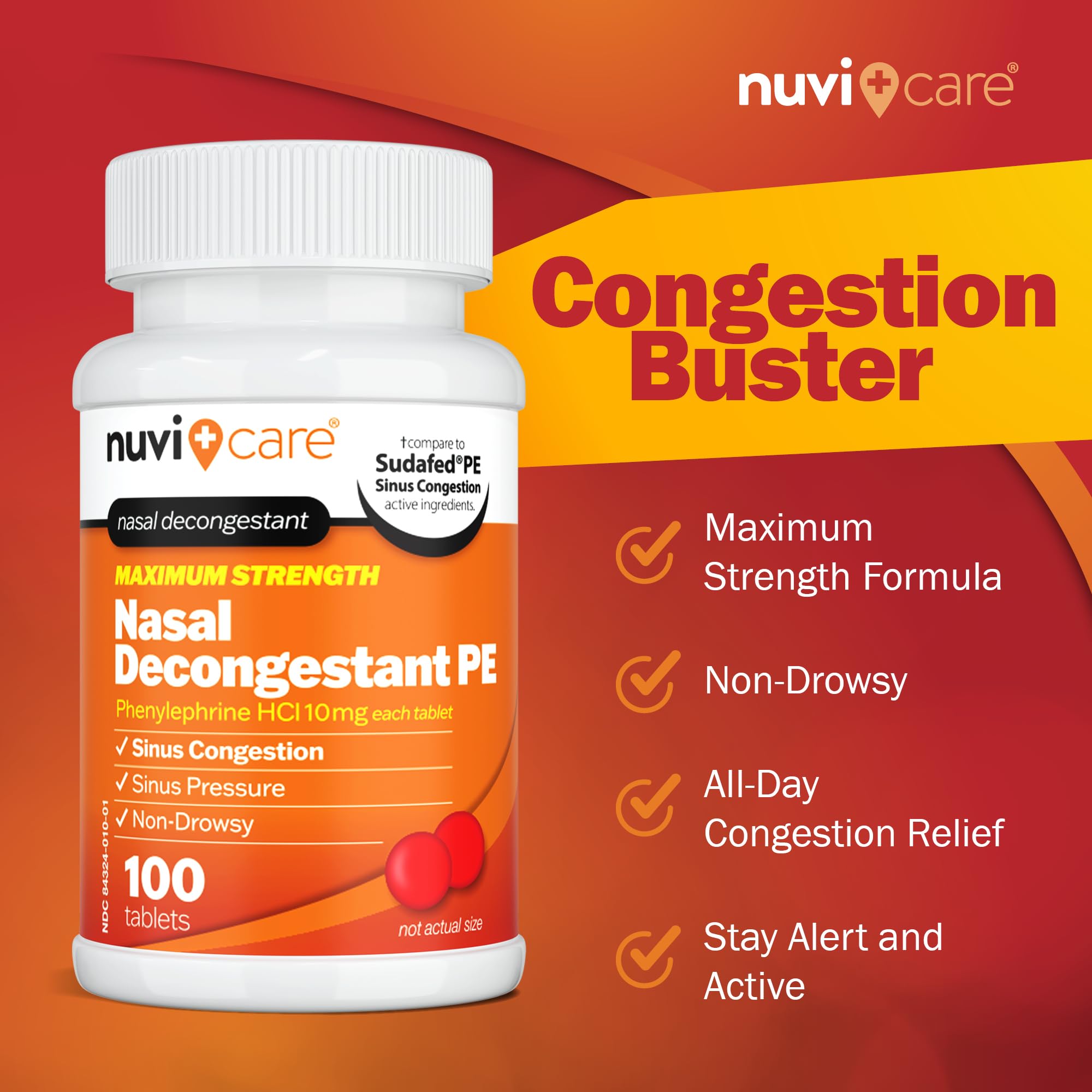NUVICARE Max Strength PE – étiquette indiquant dosage et usages.