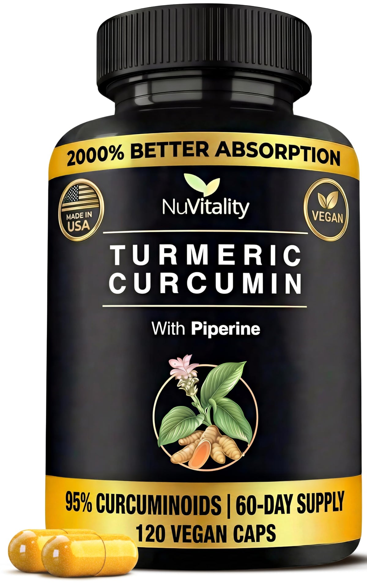 Capsules NuVitality curcuma dans un bocal; soutien quotidien des articulations et mobilité.