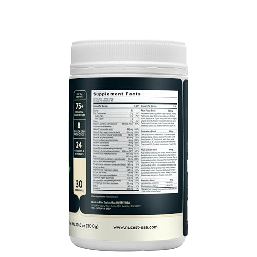 Nuzest Greens Powder avec cuillère de mesure prête à doser.