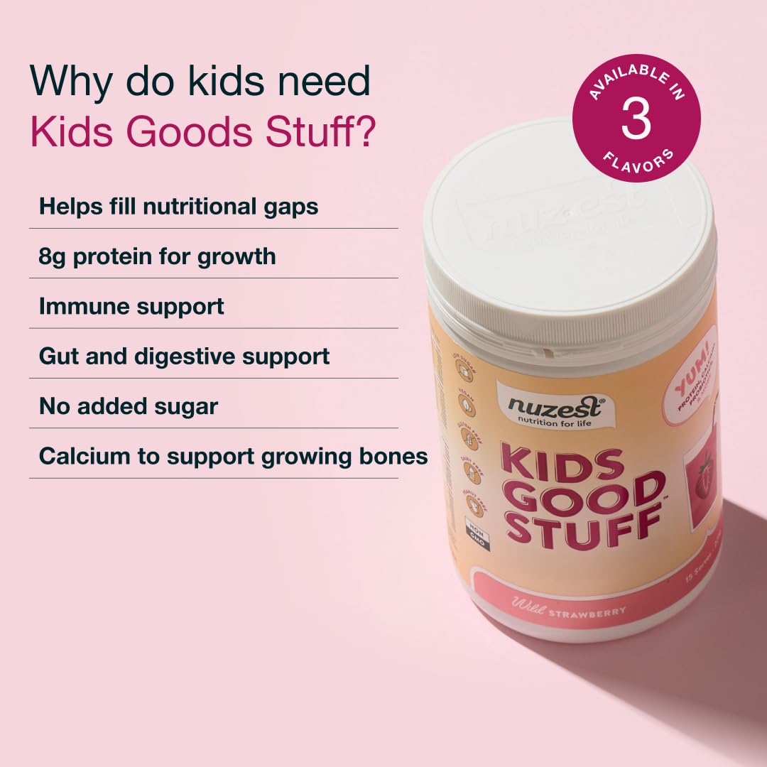 Bol petit-déjeuner santé avec smoothie fraise sauvage Nuzest Kids Good Stuff.