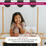 Ingrédients frais visibles lors du mélange du smoothie Nuzest Kids Good Stuff.