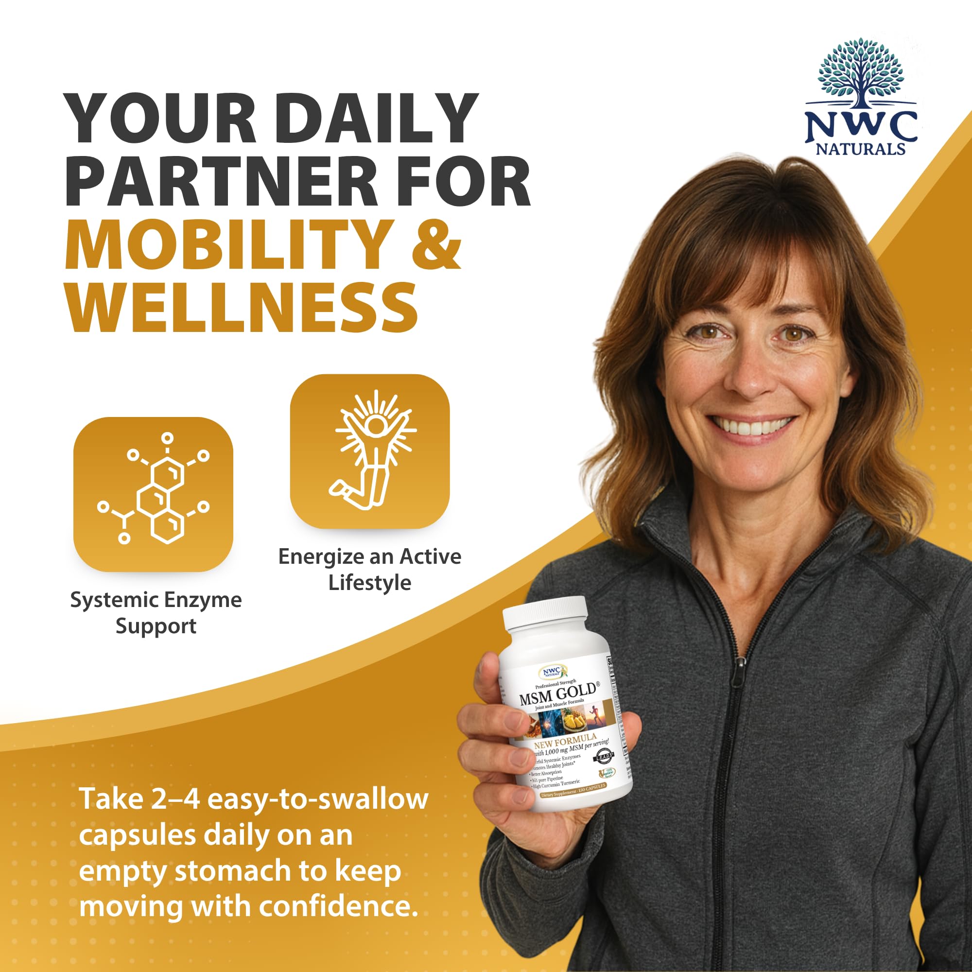 NWC Naturals MSM Gold – formulé sans glucosamine ni chondroïtine, végétal.