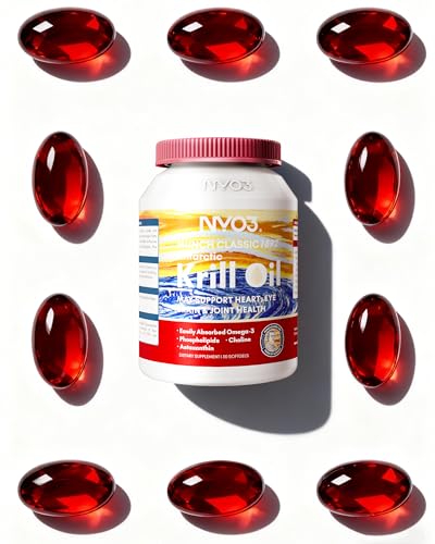 NYO3 huile de krill 850 mg, bouteille et capsules, soutien potentiel au bien-être quotidien.
