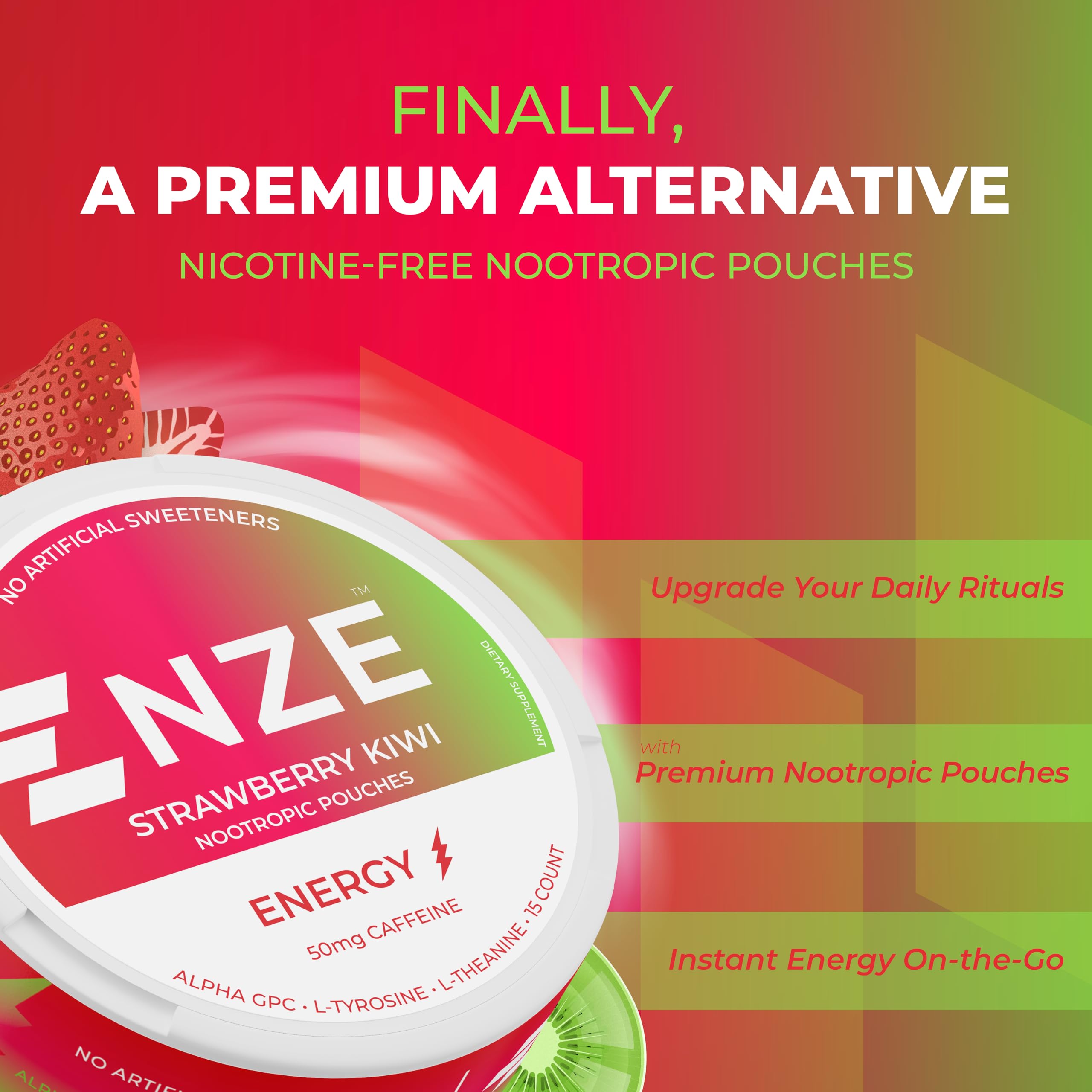Boîte NZE Poches Caféine Fraise Kiwi pratique et sans sucre.