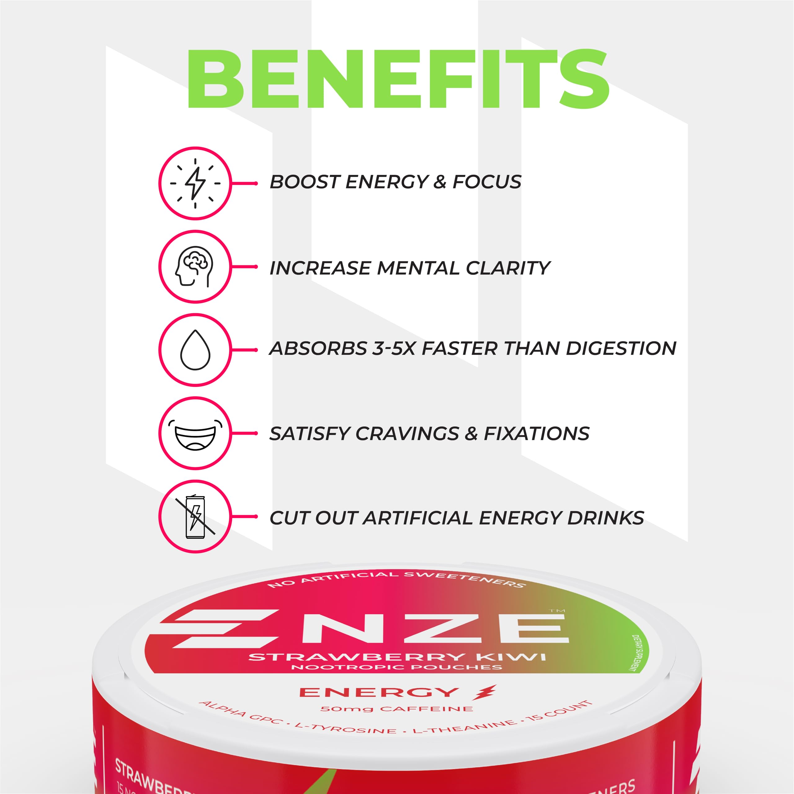 Rituel énergie quotidienne avec les Poches NZE Caféine Fraise Kiwi.