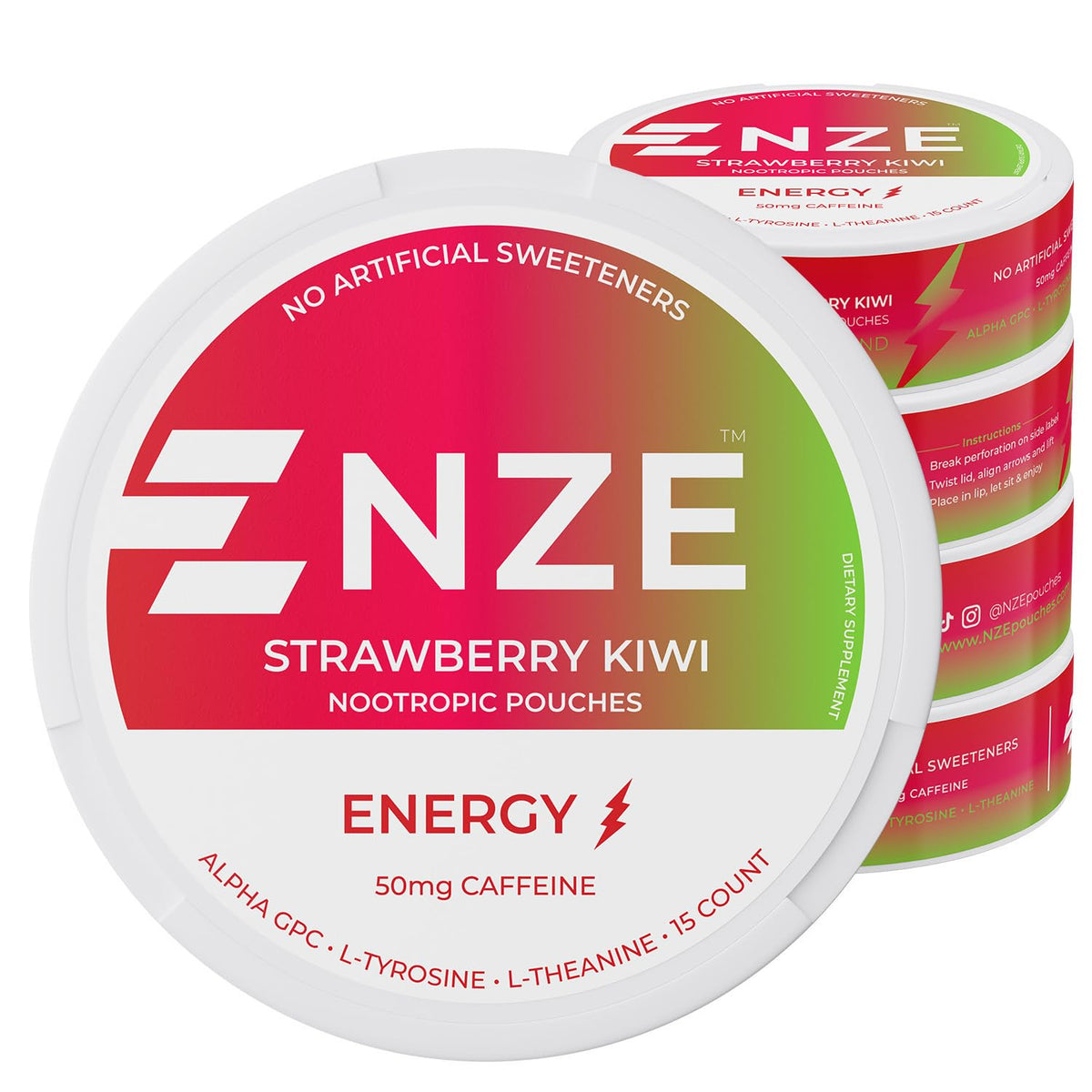 Poche NZE Caféine Fraise Kiwi prête à l’emploi pour un boost rapide.