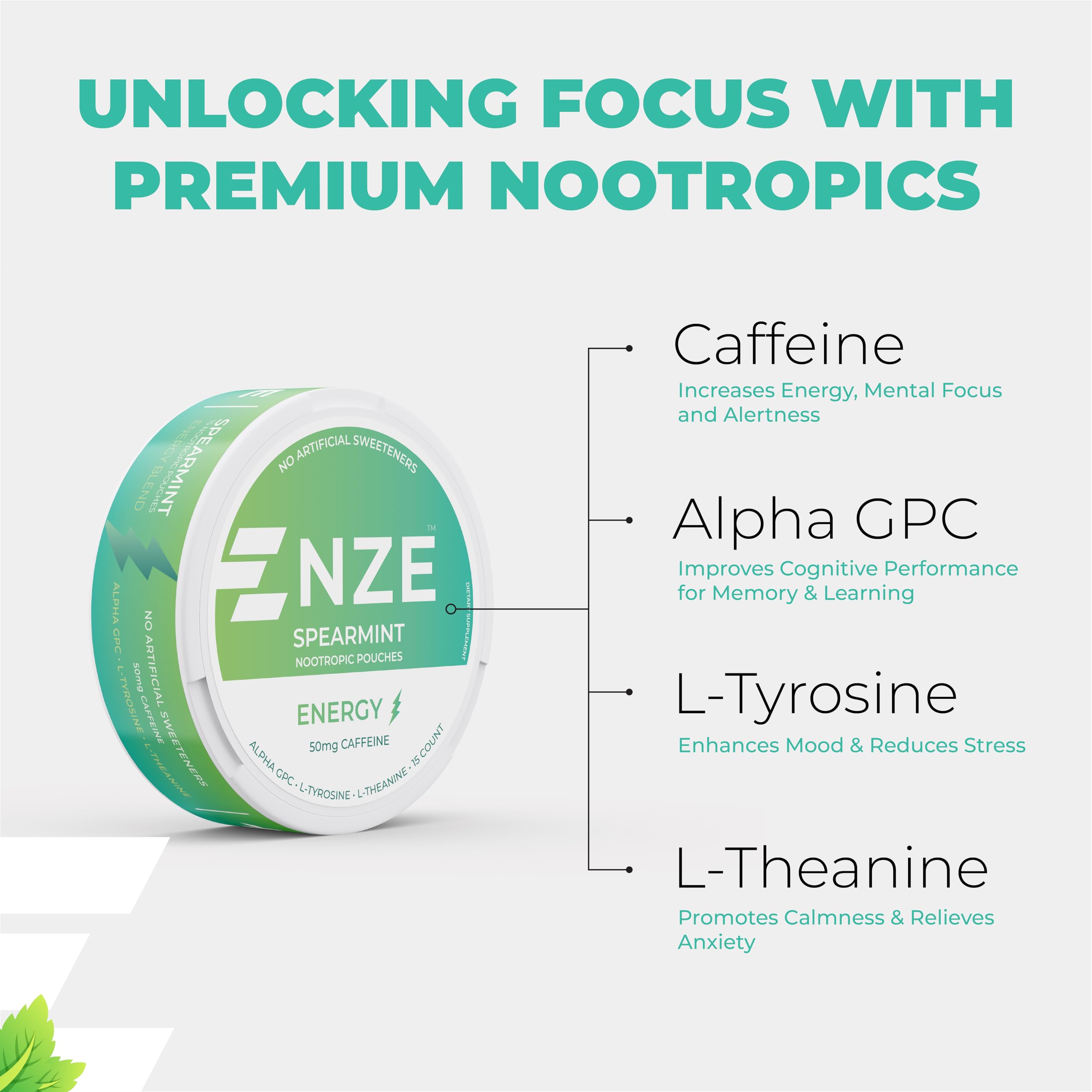 NZE pochettes caféine nootropiques spearmint ingrédients premium et nootropiques
