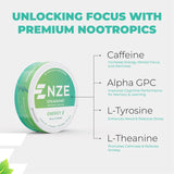NZE pochettes caféine nootropiques spearmint ingrédients premium et nootropiques