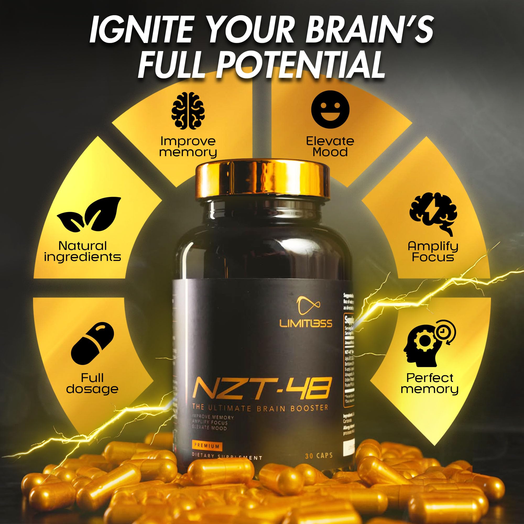 NZT-48 Brain Booster: étiquette visible, promesse de qualité et formulation naturelle