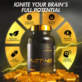 NZT-48 Brain Booster: étiquette visible, promesse de qualité et formulation naturelle